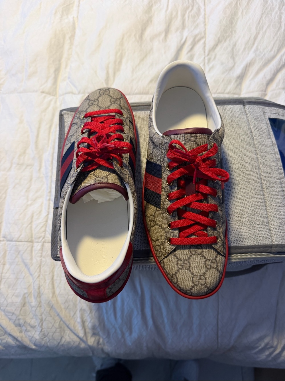Gucci Beige GG Supreme Canvas Sneakers with Red Laces and Navy-Red Web